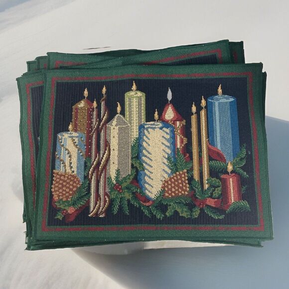 None Other - Christmas Candle Tapestry Table Runner & 10 Placemats Jewel Tones Metallic